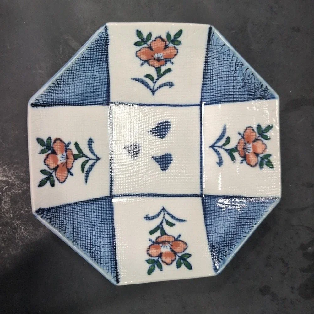 Octagonal Blue & White Floral Ceramic Bowl, Replacement Hand-painted Asian Decor
